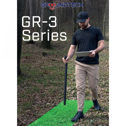 A man standing in a wooded outdoor setting holds a black Groundtech GR-3 Series ground scanner and a tablet. A bright green turf patch is visible beneath him, with large text reading 'GROUNDTECH GR-3 Series' overlaid at the top.