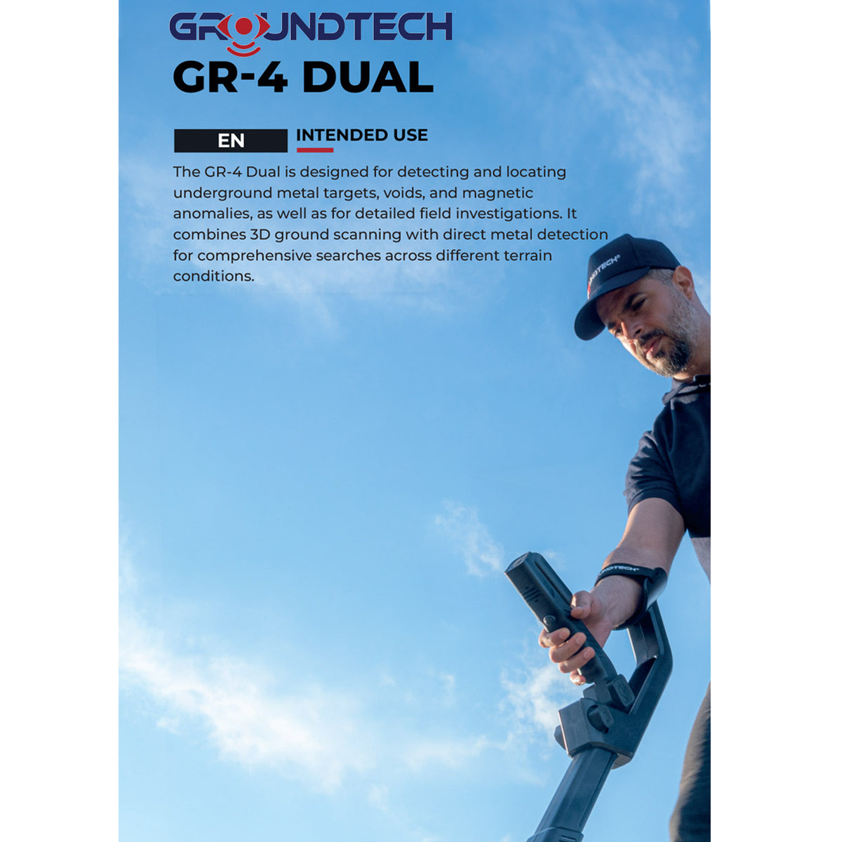 Groundtech GR-4 Dual product brochure page featuring a man in a black cap and shirt holding the device against a blue sky background, with product specifications printed on the left side.