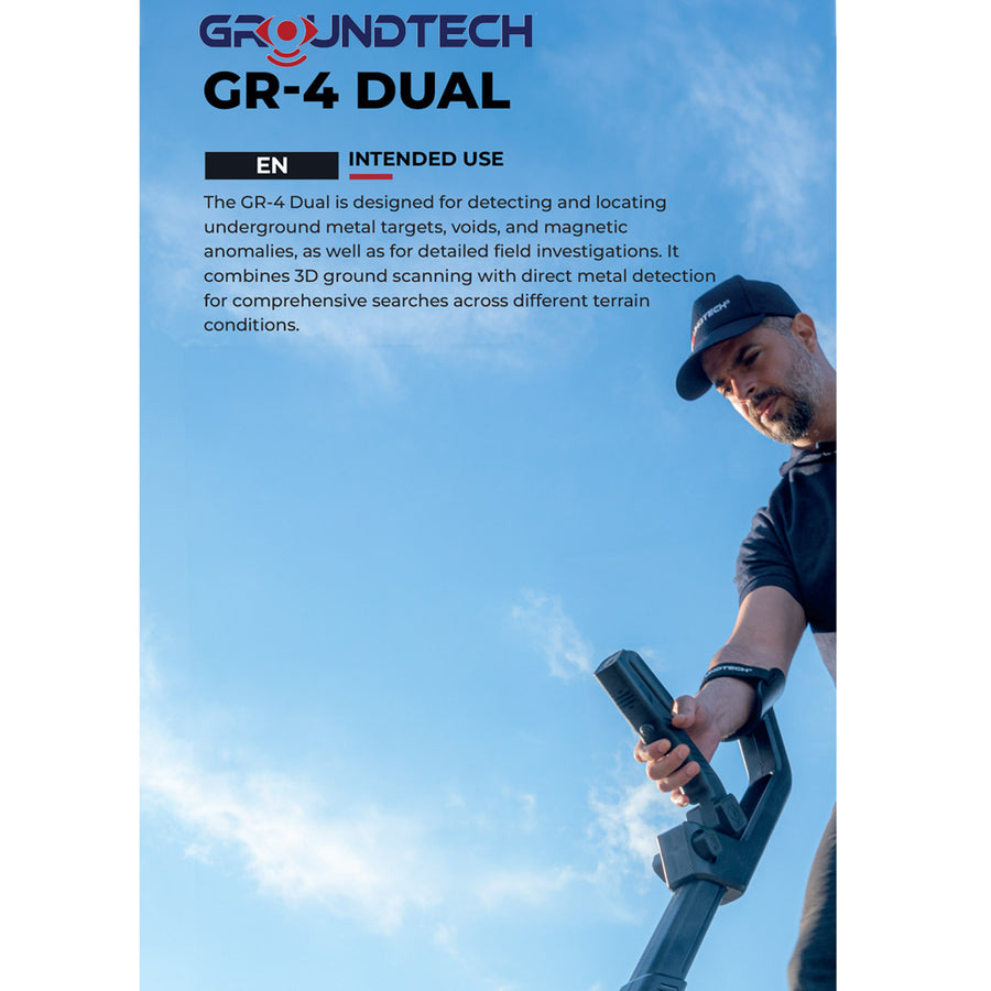 Groundtech GR-4 Dual product brochure page featuring a man in a black cap and shirt holding the device against a blue sky background, with product specifications printed on the left side.