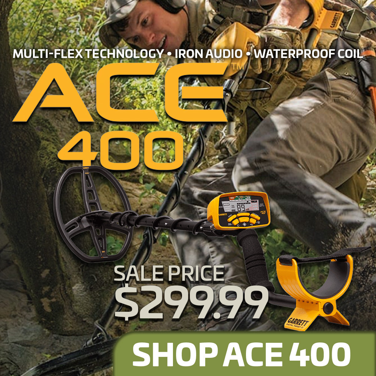 Person in camouflage with a Garrett ACE 400 metal detector in a forest setting.