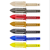 Motley Grass Knife collection showing multiple powder-coated color options including blue, red, green, and gold