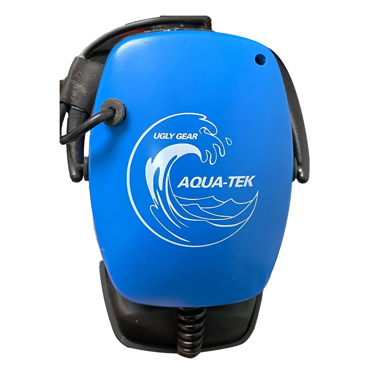 Side view of the blue Aqua-Tek earcup with the Aqua-Tek wave logo