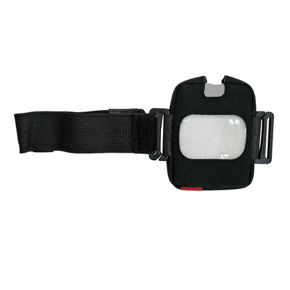 A black remote control case with an adjustable black strap and a clear front window, shown against a plain white background.