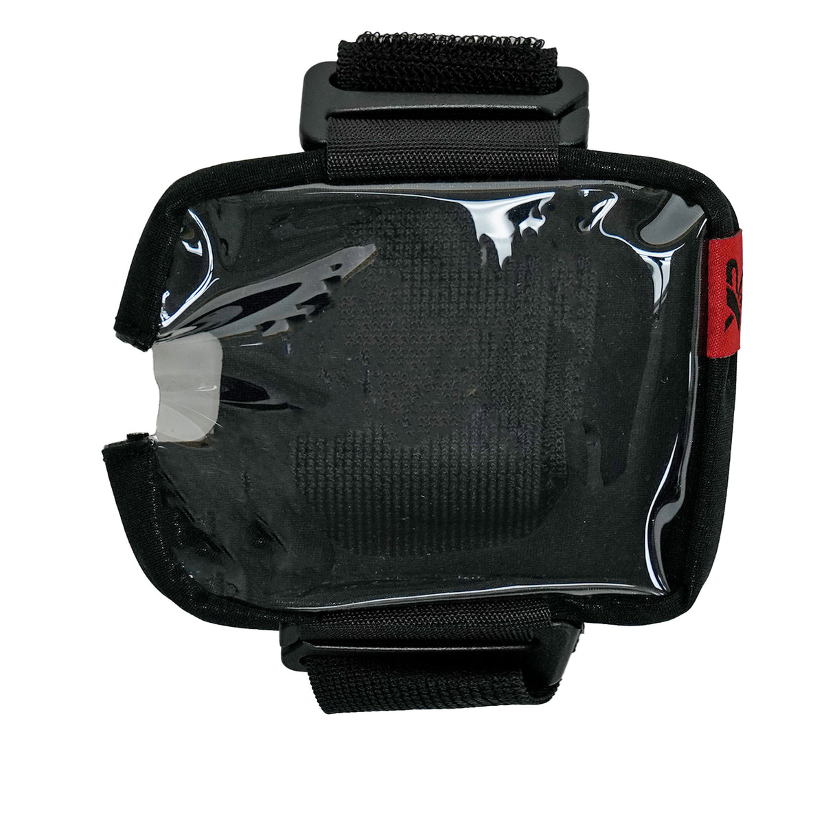 A black remote cover case with a clear, glossy protective cover and adjustable black velcro straps, shown on a plain white background.