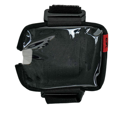 A black remote cover case with a clear, glossy protective cover and adjustable black velcro straps, shown on a plain white background.