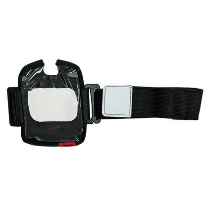A black remote control case with a clear front window, a white reflective patch, and an adjustable black elastic strap, shown against a plain white background.