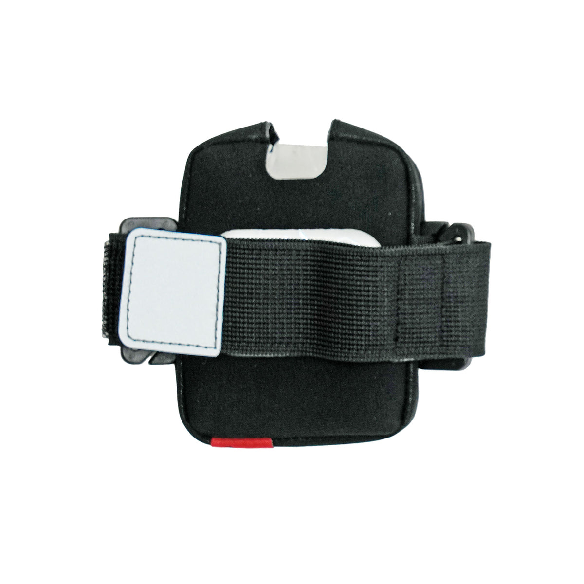 remote control case with a wide black elastic strap and a white rectangular patch on the side, shown against a plain white background.