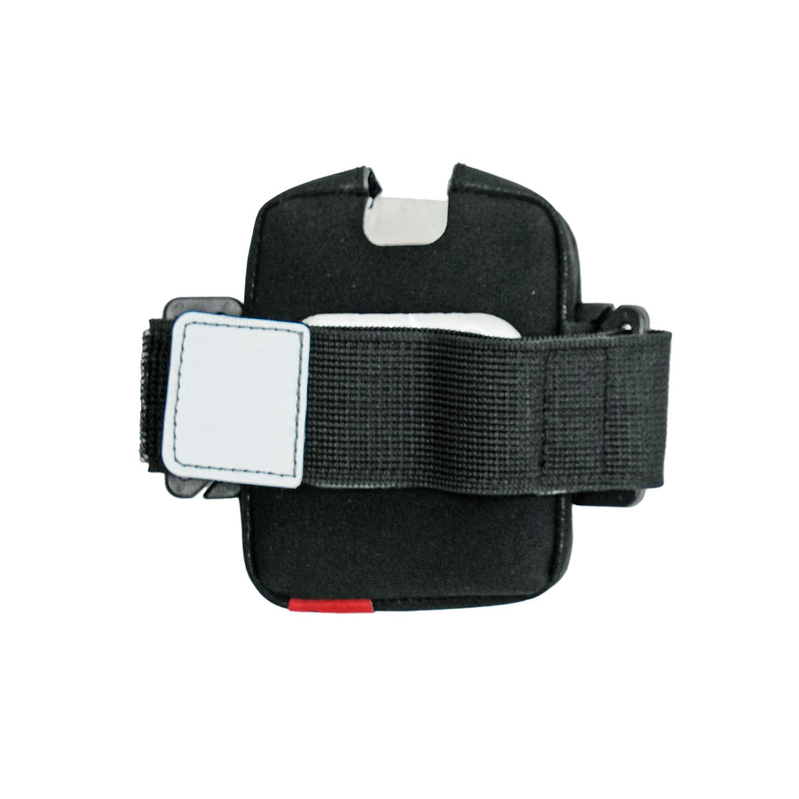 remote control case with a wide black elastic strap and a white rectangular patch on the side, shown against a plain white background.