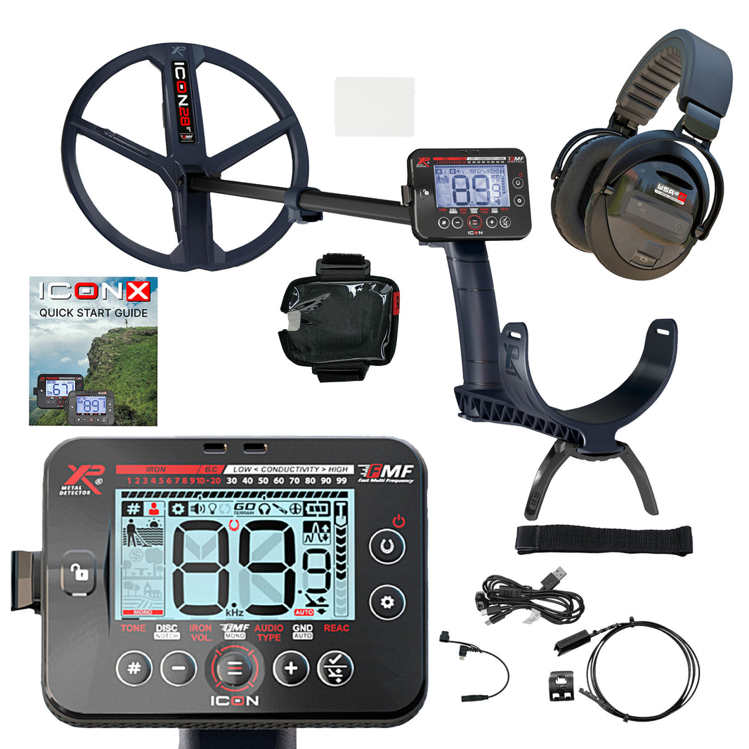 ICONX metal detector kit with a large coil, remote control, headphones, stand, remote control cover, cables, and accessories on a white background, including a quick start guide.