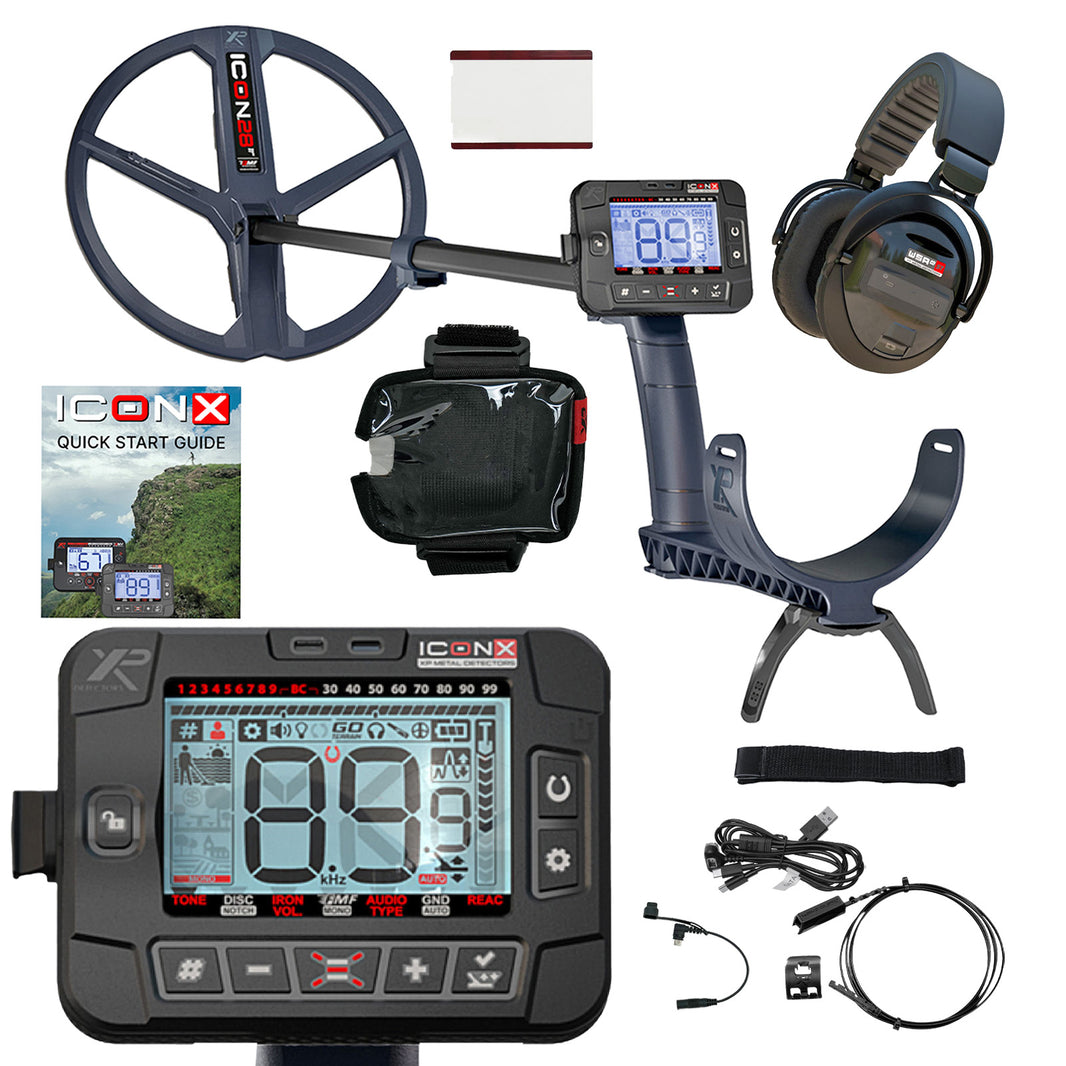 ICONX X2 metal detector kit with a large coil, remote control, headphones, stand, remote control cover, cables, and accessories on a white background, including a quick start guide.