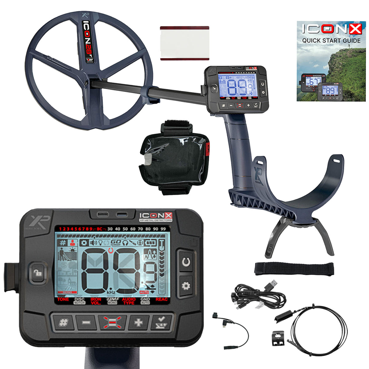 dark blue and black XP ICONX metal detector with accessories on white background