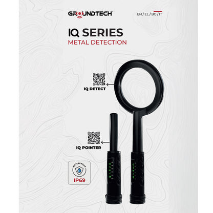 brochure cover with image of the black IQ Detect and the IQ Pointer on gray textured background