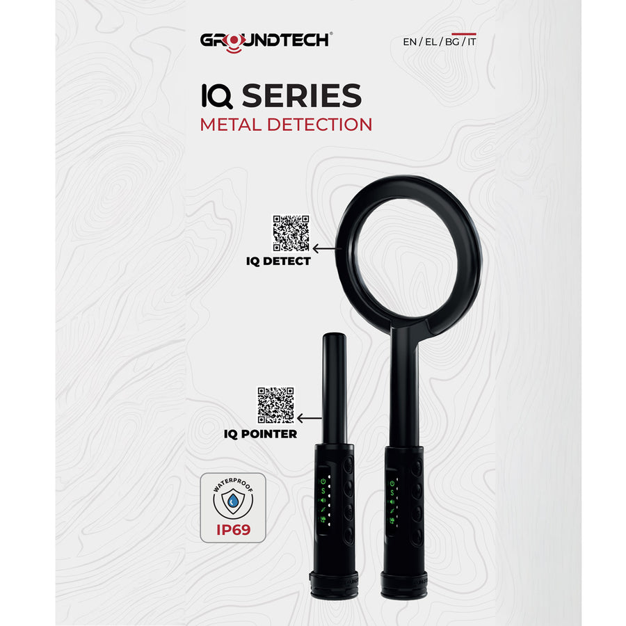 brochure cover with image of the black IQ Detect and the IQ Pointer on gray textured background