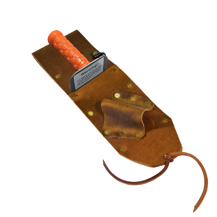 Brown leather metal detecting sheath showing digger and pinpointer storage compartments