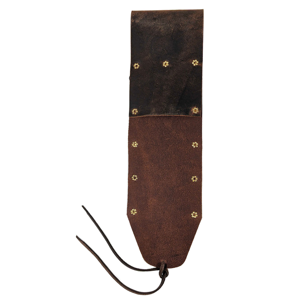 Brown leather metal detector tool sheath displaying belt attachment and construction details