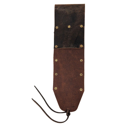 Brown leather metal detector tool sheath displaying belt attachment and construction details