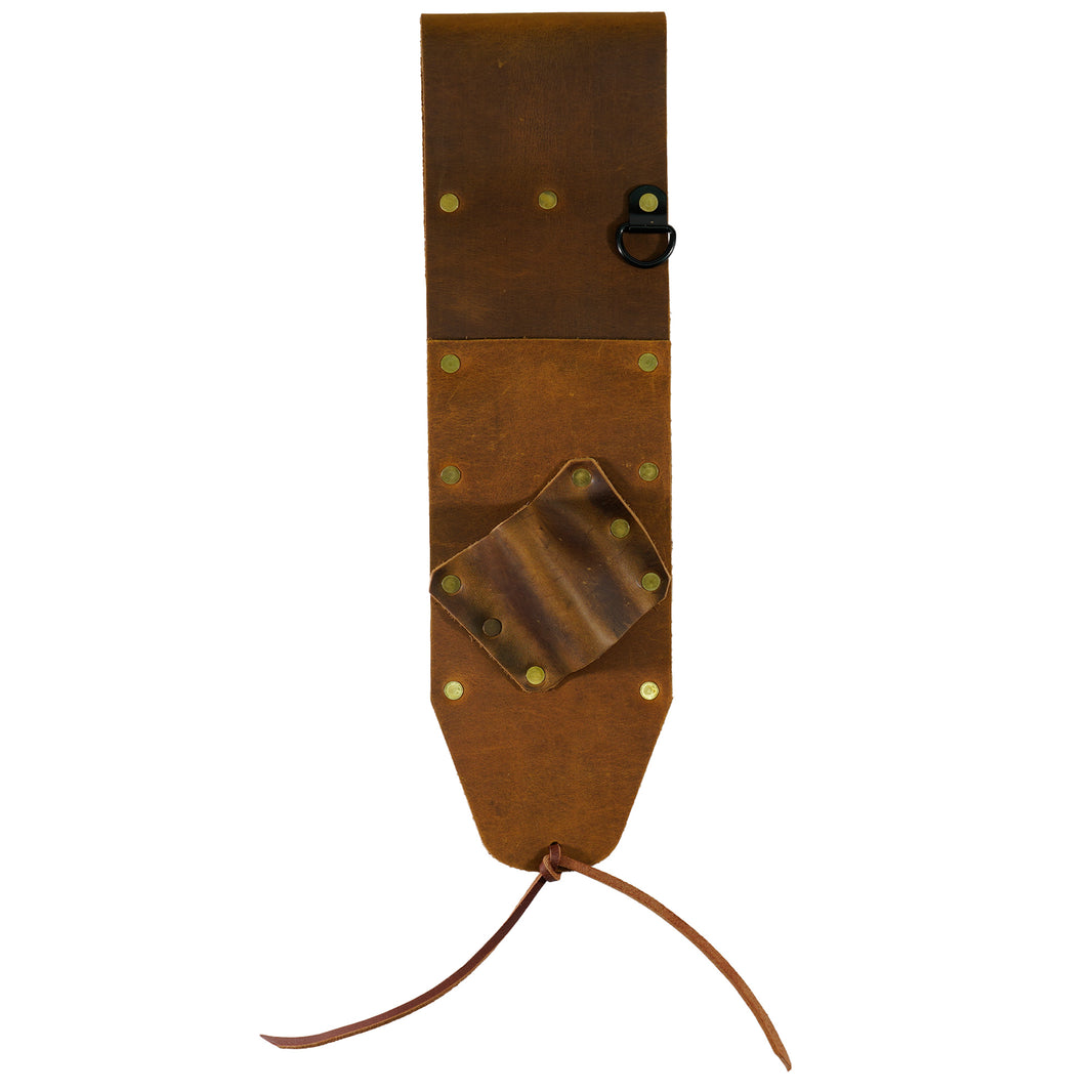 Brown leather left-sided pinpointer sheath with belt loop and dual tool holders