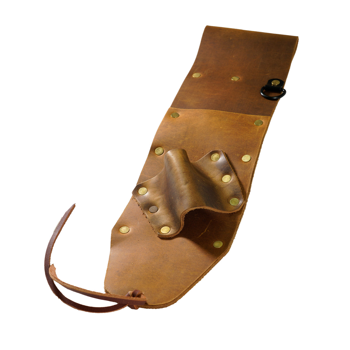 Close-up view of Serious Detecting leather sheath showing pinpointer and digging tool compartments