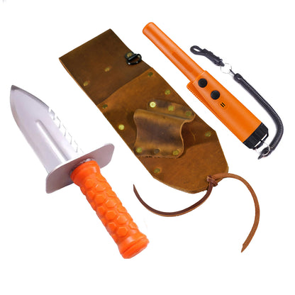 orange pinpointer with black lanyard and brown leather sheath with orange and silver digger