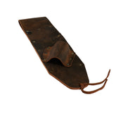 A dark brown leather digging knife and pinpointer sheath with brass rivets and a drawstring closure, shown on a plain white background.