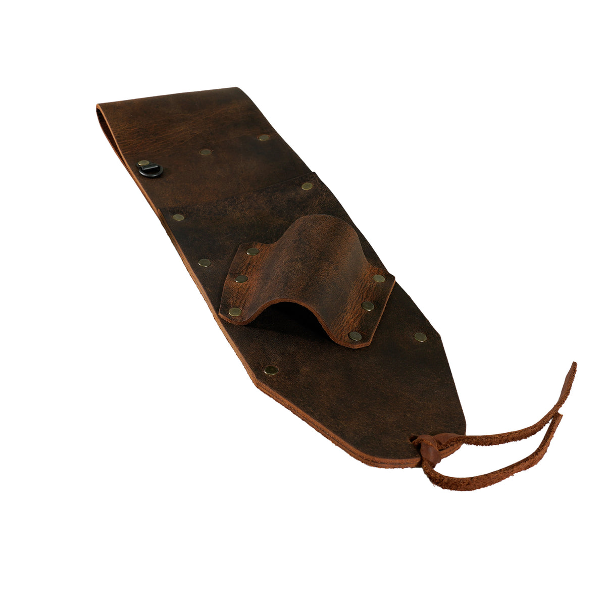 A dark brown leather digging knife and pinpointer sheath with brass rivets and a drawstring closure, shown on a plain white background.