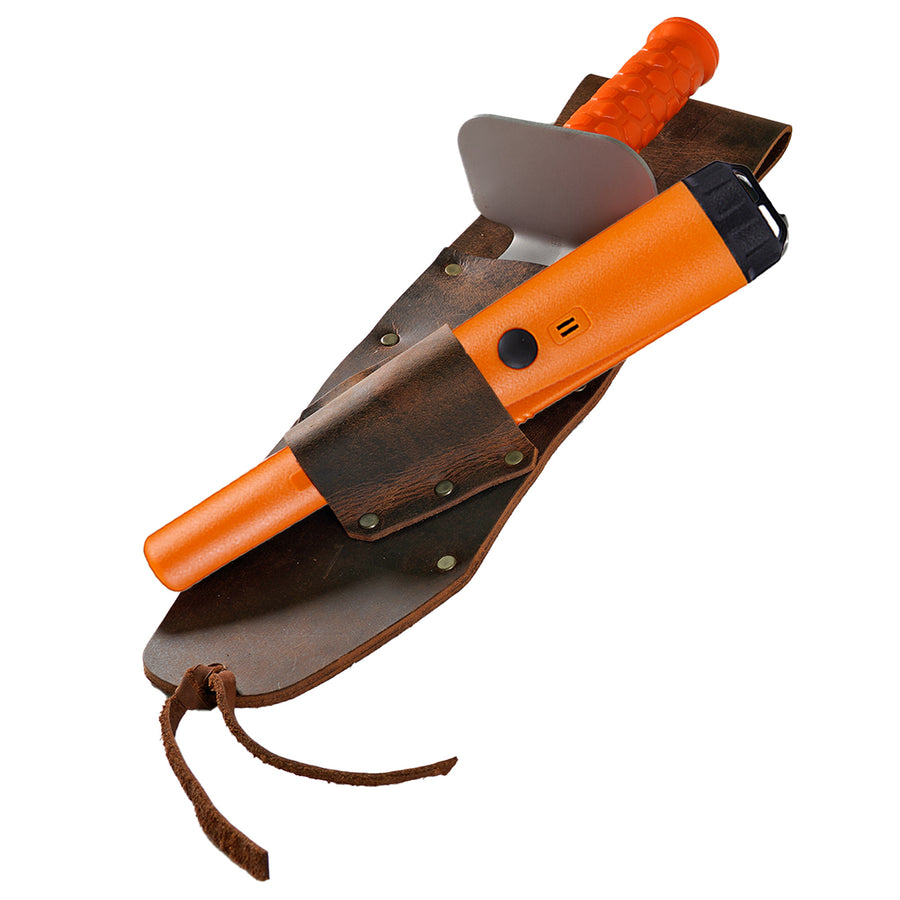 orange pinpointer with black lanyard and brown leather sheath with orange and silver digger