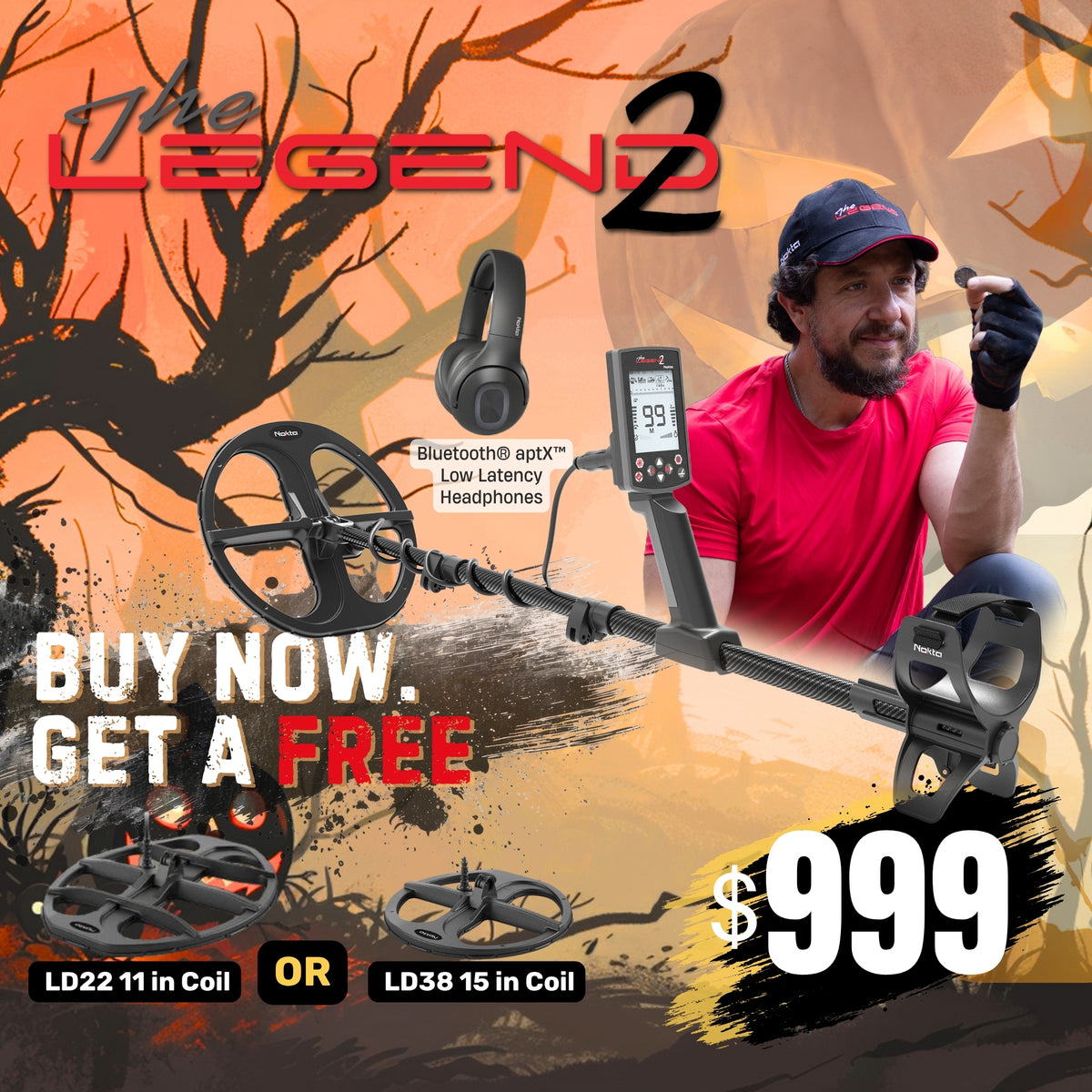 Promotional graphic for The Legend 2 metal detector set featuring a man in a red shirt and cap holding a metal detector, with a large metal detector coil in the foreground, headphones, and text offering free coil upgrades. The background is a stylized autumn tree scene in orange and brown tones.