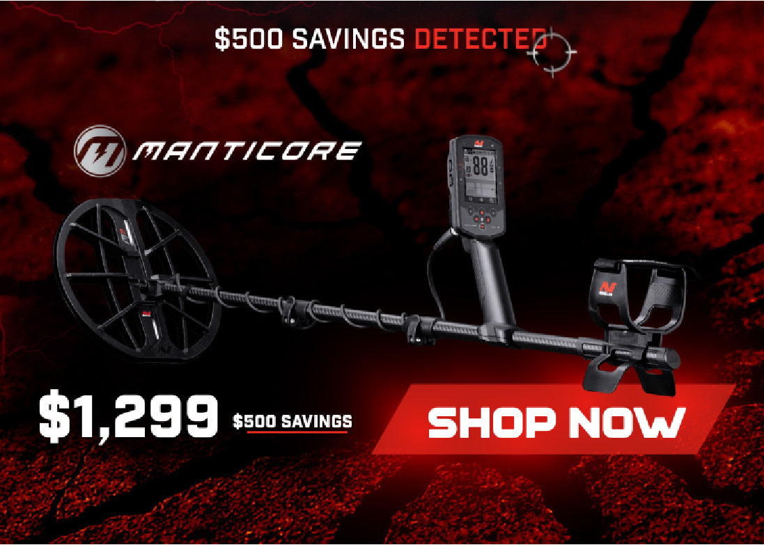 ManticoreMetal detector with promotional text on a red and black background