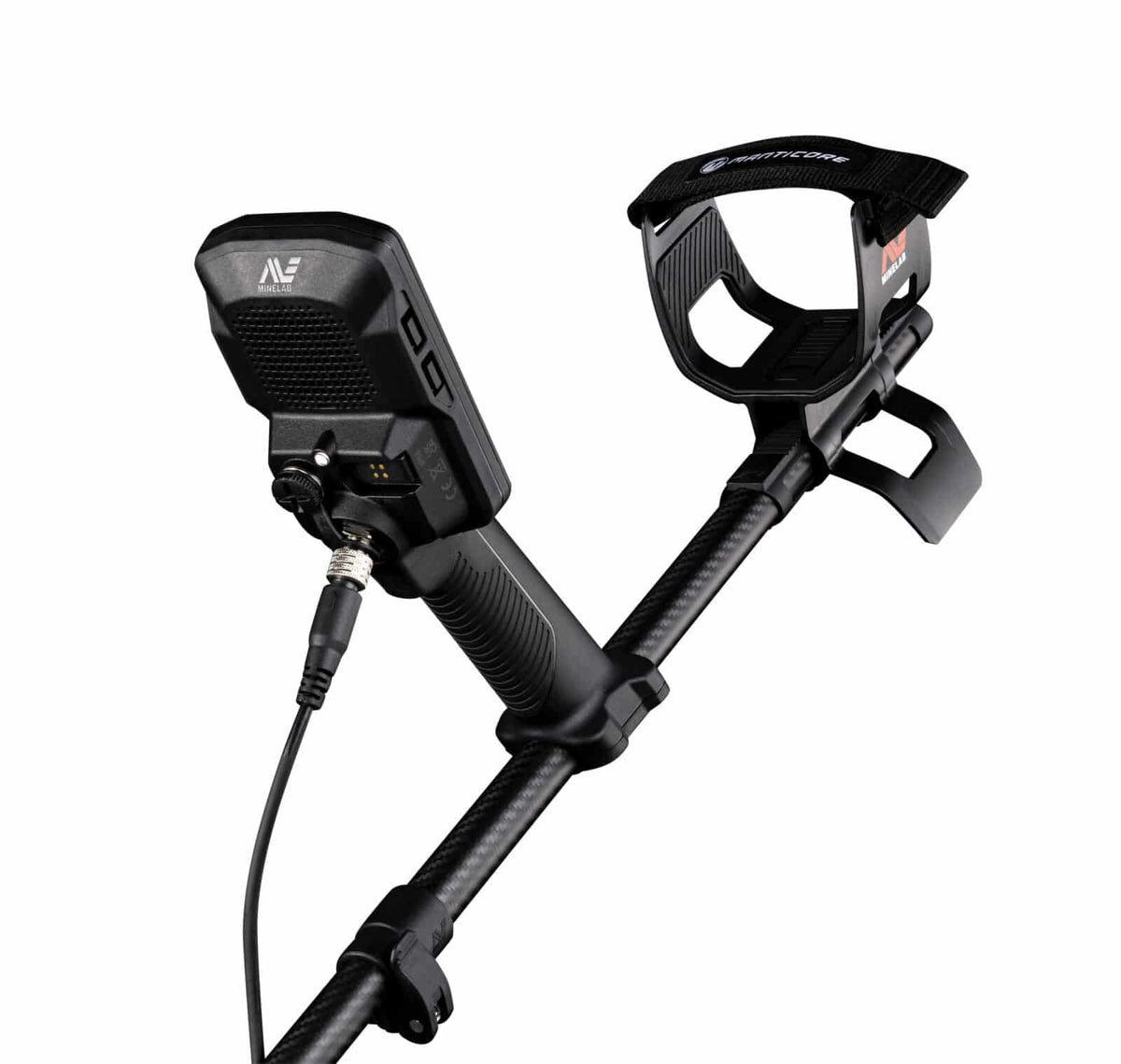 Close-up of the Minelab Manticore armrest and control pod rear with charging port
