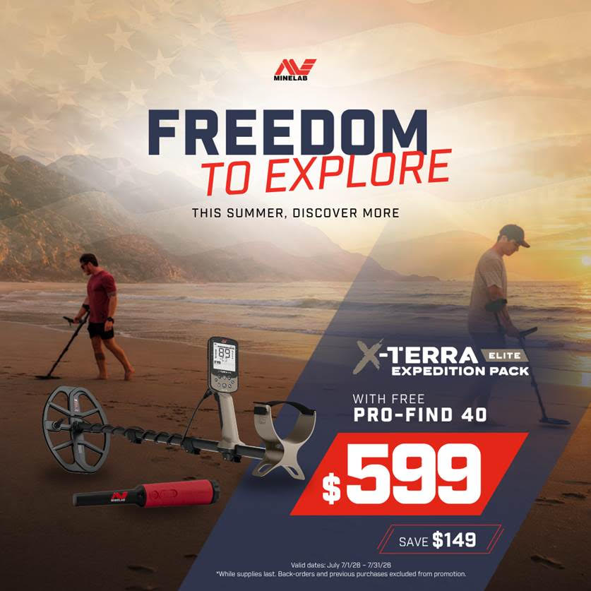 Advertisement for X-TERRA Elite metal detector with pro-find 40 with beach scene and promotional text.