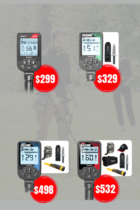 Image with 4 detector control boxes from nokta showing prices and accessories included with each detector