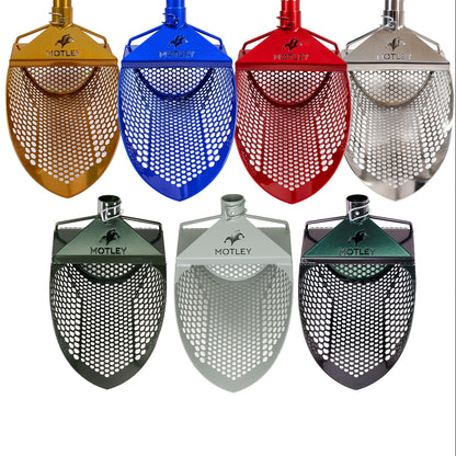 The Motley Beach Scoop in gold, blue, red, silver, chameleon, grey and green powder-coated color options for beach metal detecting.