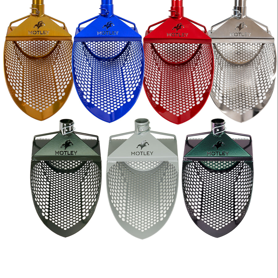 The Motley Beach Scoop in gold, blue, red, silver, chameleon, grey and green powder-coated color options for beach metal detecting.