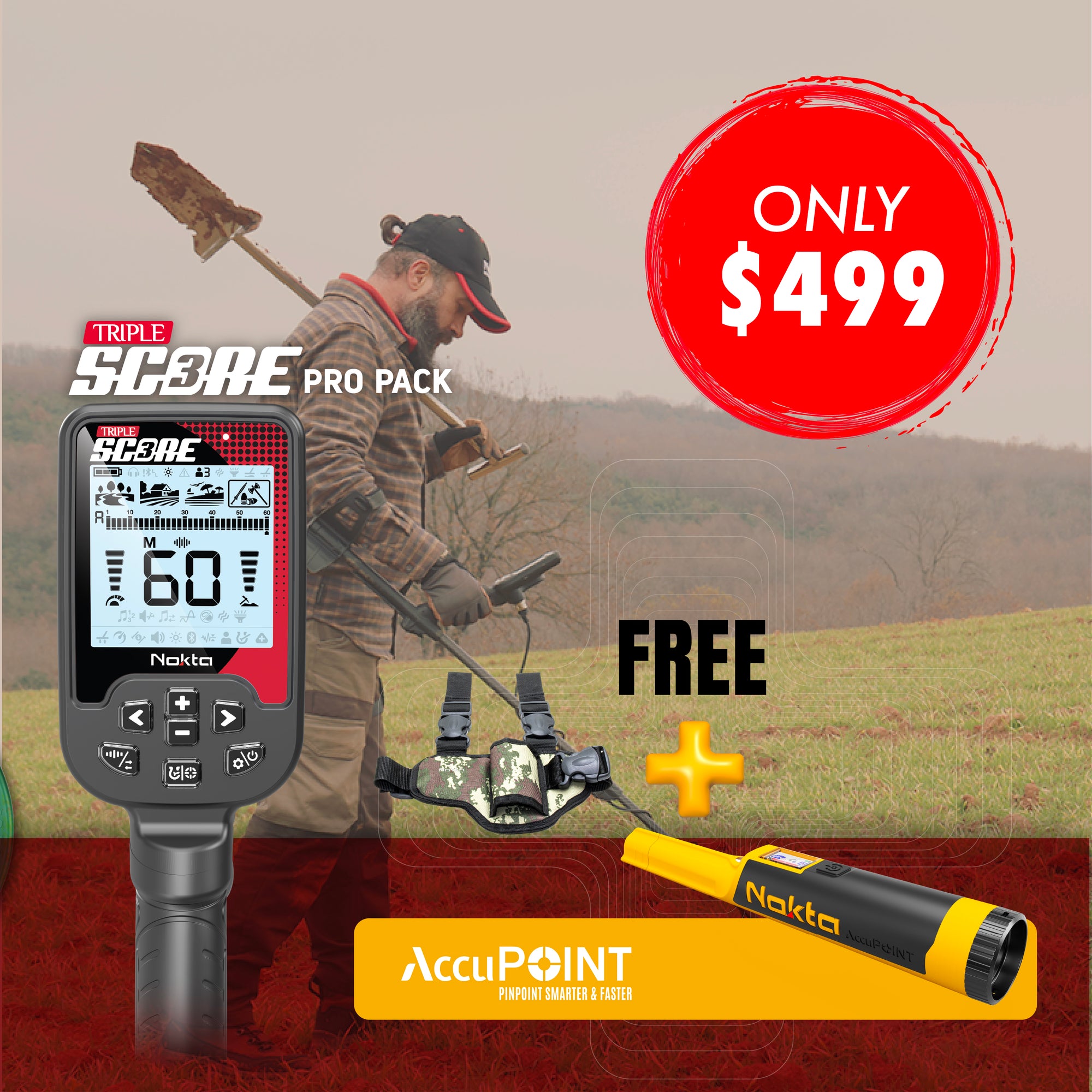 Metal detector with 'Triple Score Pro Pack' branding and a man in the background, with a red circle displaying 'Only $499'.