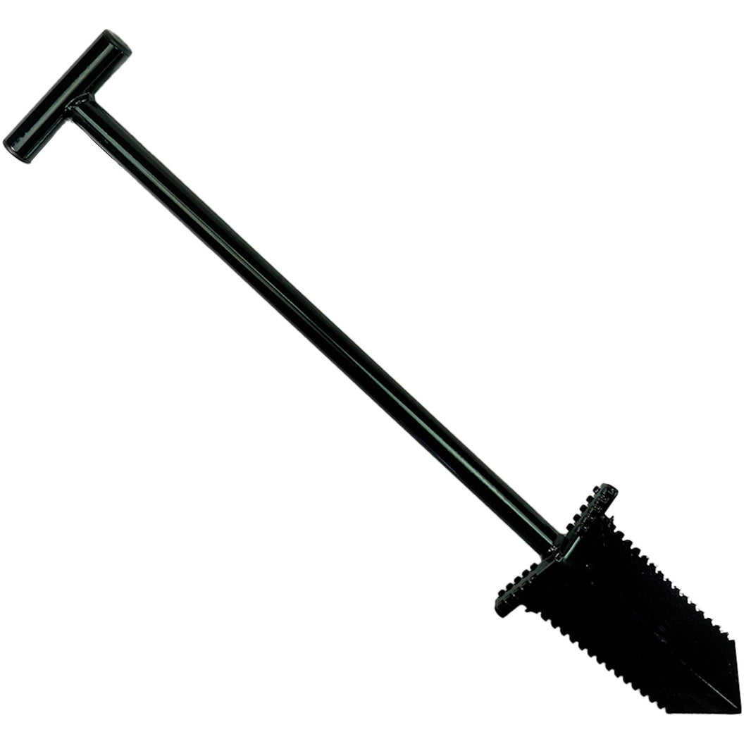Close-up of NX-7 shovel blade showing double serrated cutting edges
