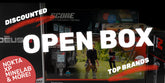 Promotional banner featuring discounted metal detector brands including Nokta, XP, and Minelab with “Open Box” sale messaging and product boxes in the background.