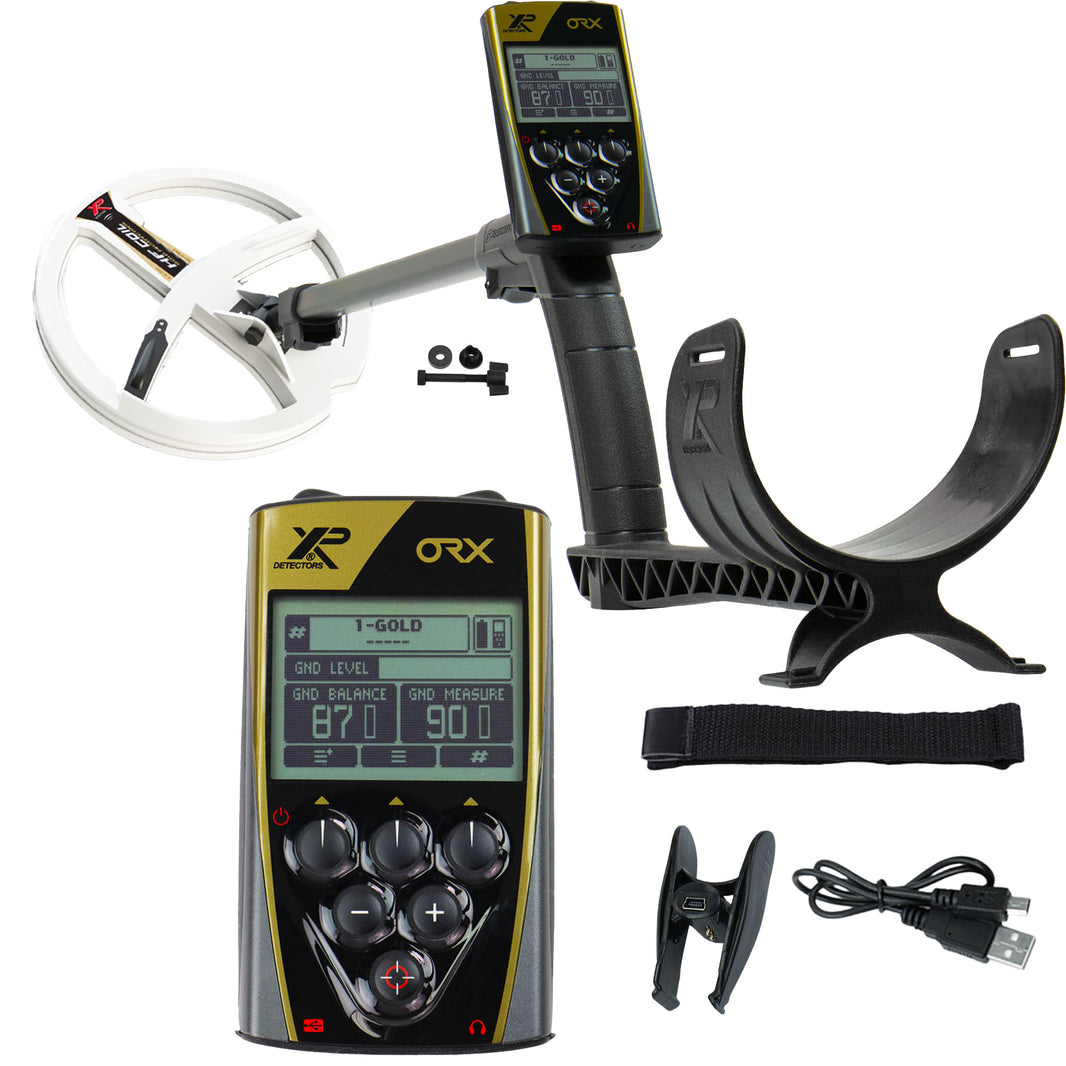 XP ORX wireless metal detector with 9-inch HF coil, remote control, and S-telescopic stem on white background