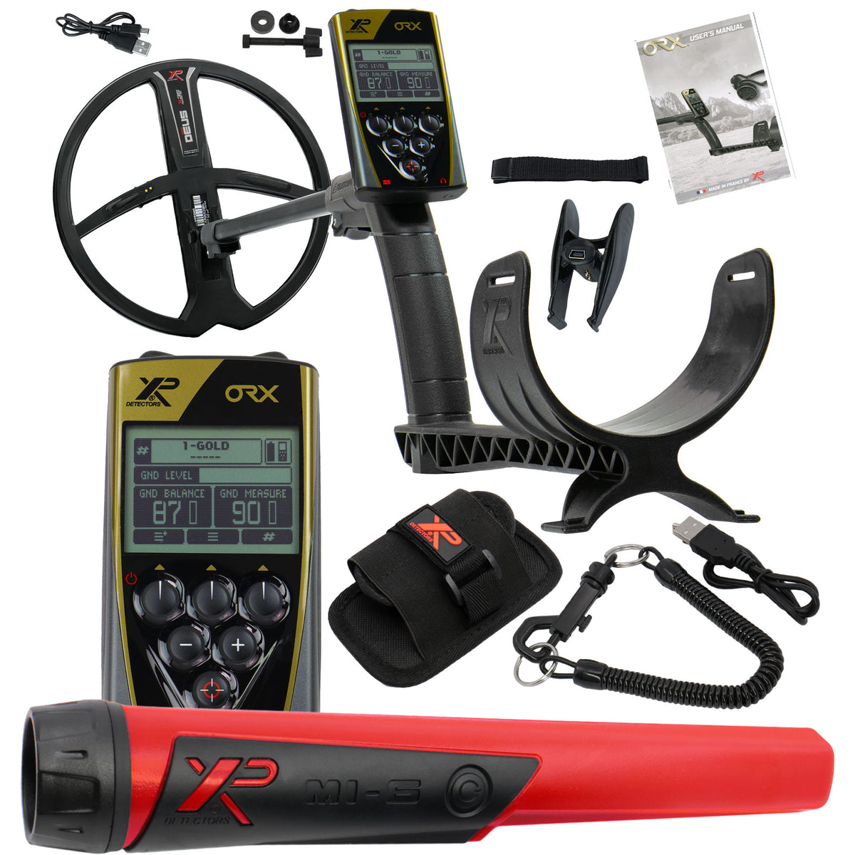 XP ORX metal detector with accessories on a white background