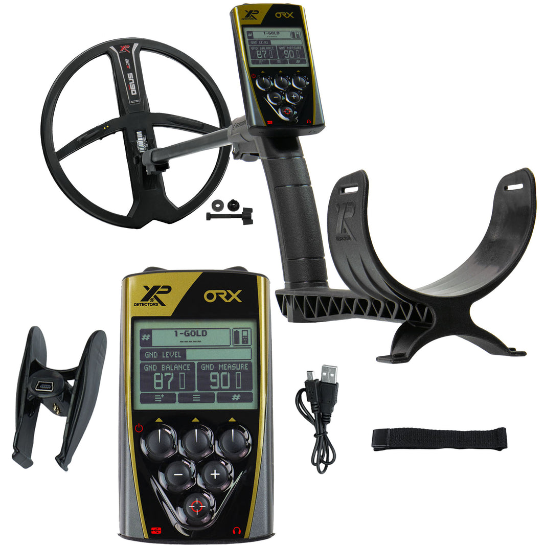 XP ORX wireless metal detector with 11-inch X35 coil, yellow and black remote control, and S-telescopic Lite stem
