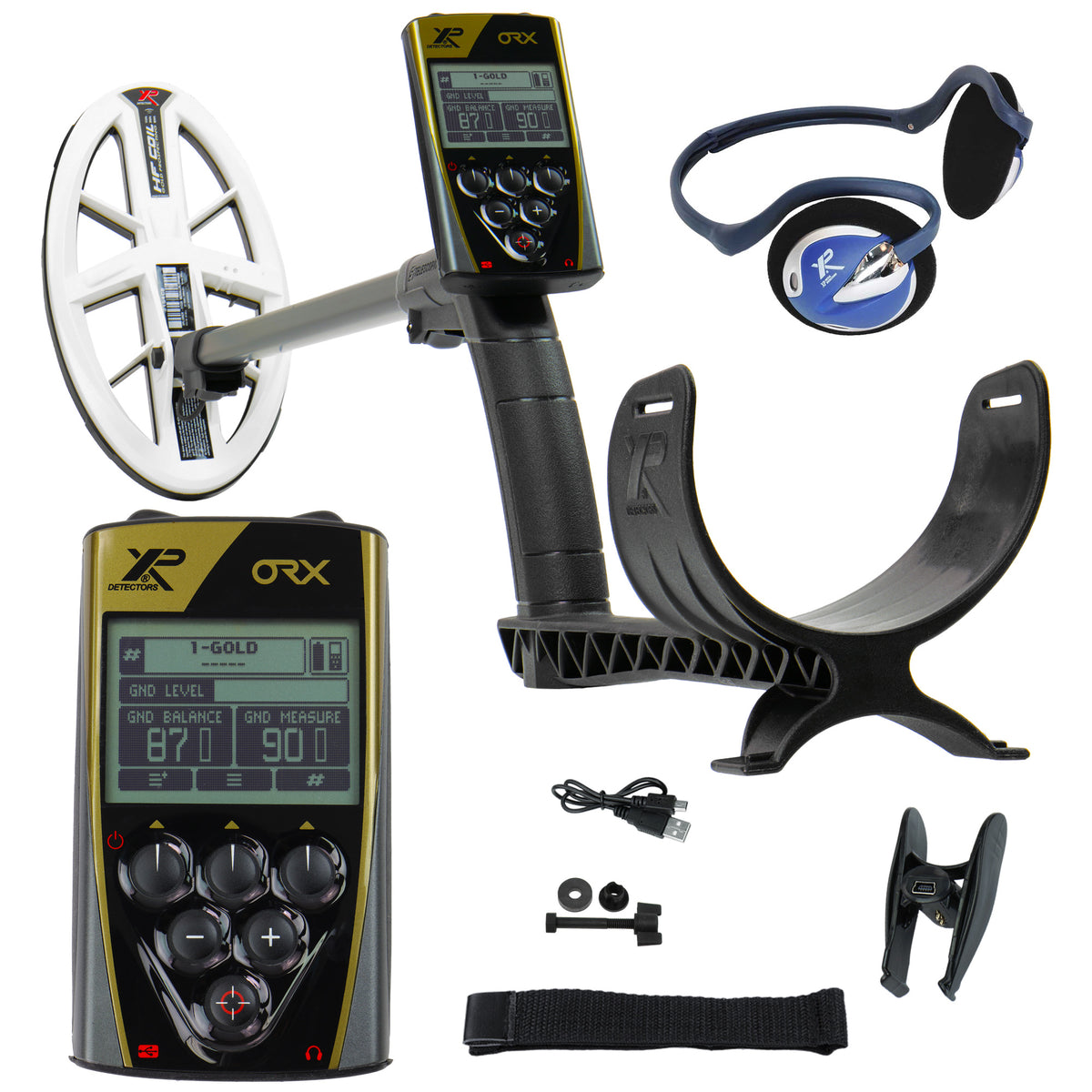 XP ORX metal detector kit with a black and gold handheld unit, white coil, headphones, USB cable, strap, and small accessories on a white background.