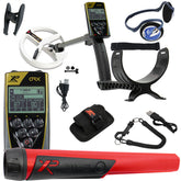 A metal detector kit with a metal detector, a red and black pinpointer, a white 9" HF coil, a black armrest with shaft, a holster, a arm strap, and accessories on a plain white background.