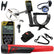 A metal detector kit with a metal detector, a red and black pinpointer, a white 9" HF coil, a black armrest with shaft, a holster, a arm strap, and accessories on a plain white background.