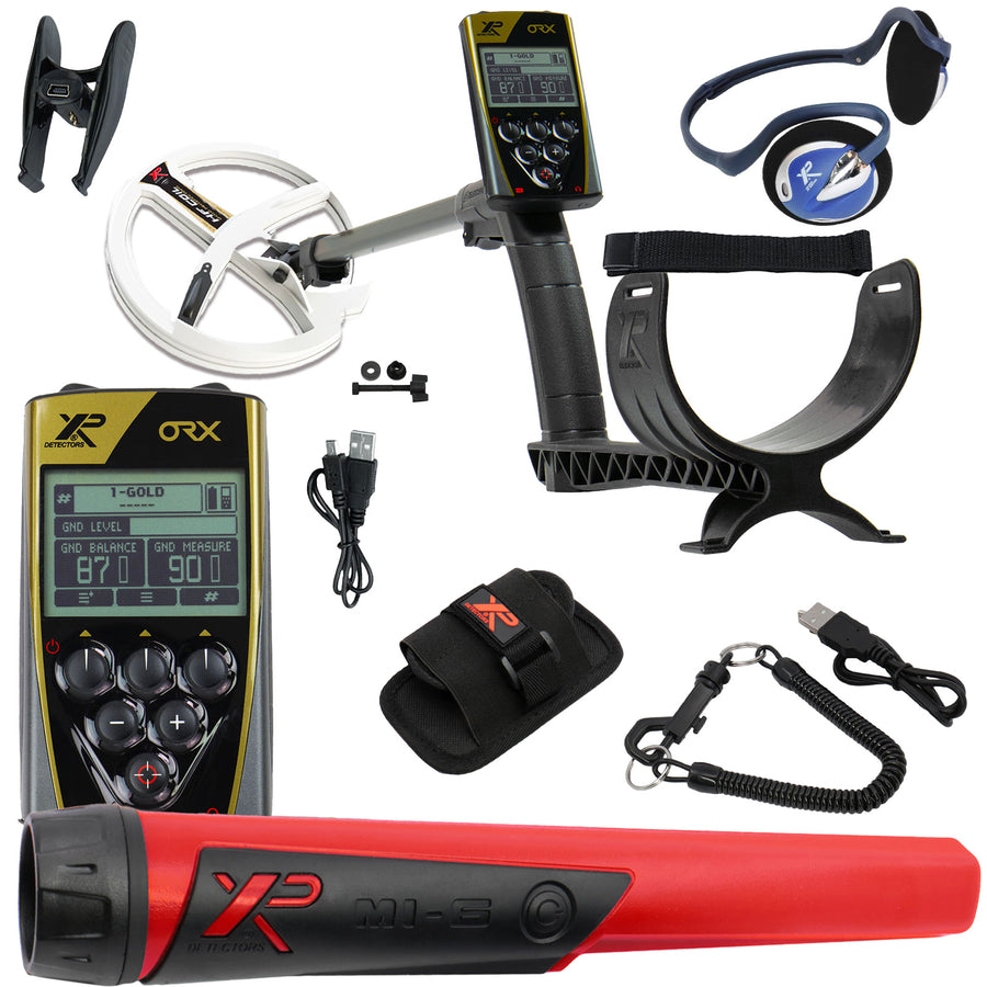 A metal detector kit with a metal detector, a red and black pinpointer, a white 9" HF coil, a black armrest with shaft, a holster, a arm strap, and accessories on a plain white background.