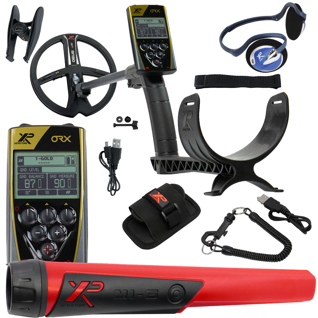 A metal detector kit with a black and gold XR ORX handheld unit, a black 9 inch coil, a red and black pinpointer, a black armrest and shaft, headphones, a strap, and accessories on a white background.