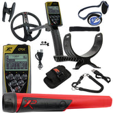 A metal detector kit with a black and gold XR ORX handheld unit, a black 9 inch coil, a red and black pinpointer, a black armrest and shaft, headphones, a strap, and accessories on a white background.