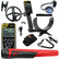 A metal detector kit with a black and gold XR ORX handheld unit, a black 9 inch coil, a red and black pinpointer, a black armrest and shaft, headphones, a strap, and accessories on a white background.