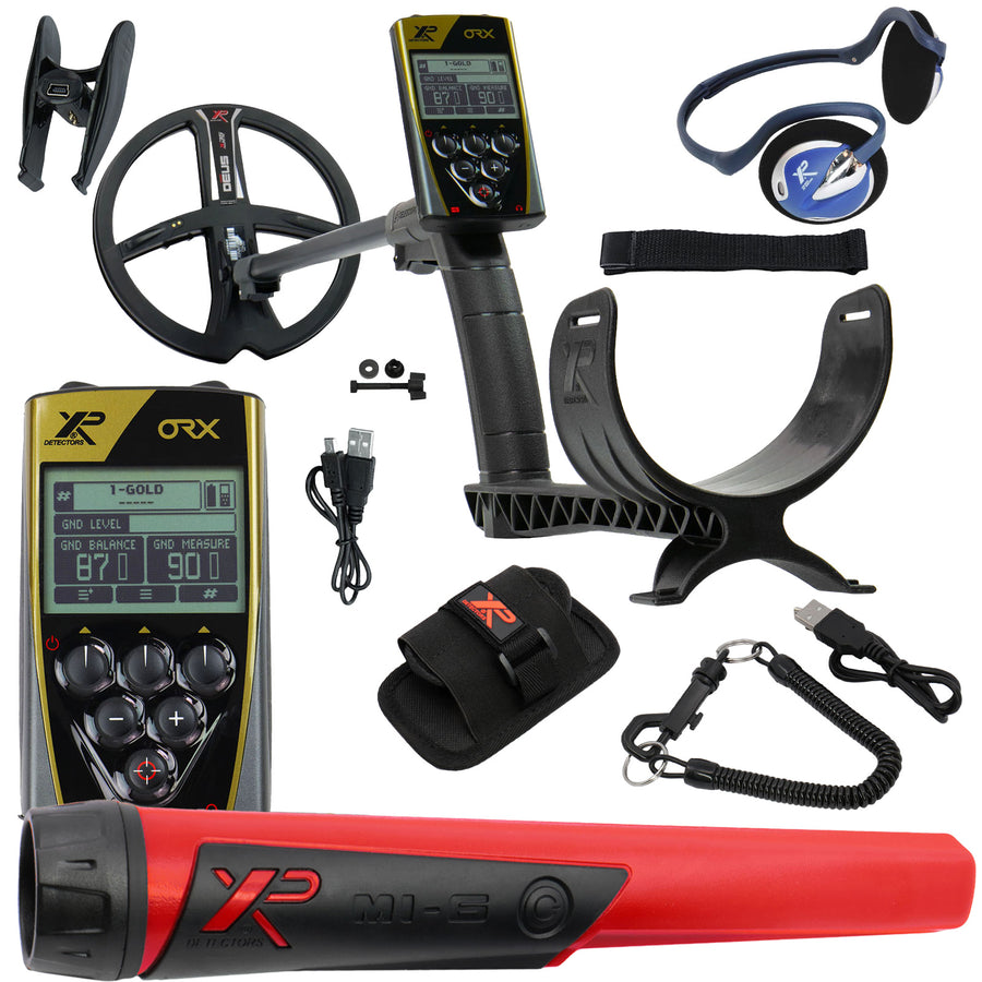 A metal detector kit with a black and gold XR ORX handheld unit, a black 9 inch coil, a red and black pinpointer, a black armrest and shaft, headphones, a strap, and accessories on a white background.