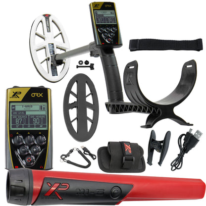 XP metal detector components including receiver, search coil, and accessories on a white background