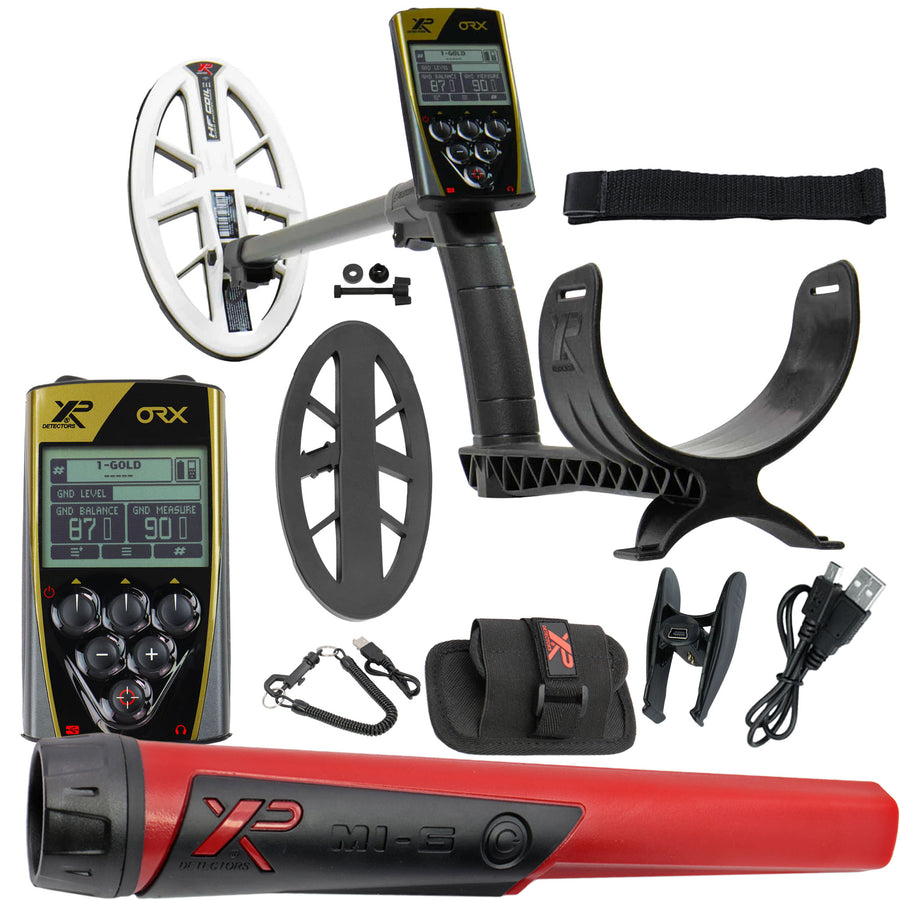 XP metal detector components including receiver, search coil, and accessories on a white background
