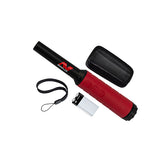 Red Minelab Pro-Find 40 Pinpointer metal detector with black handle, carrying case, and lanyard on a white background